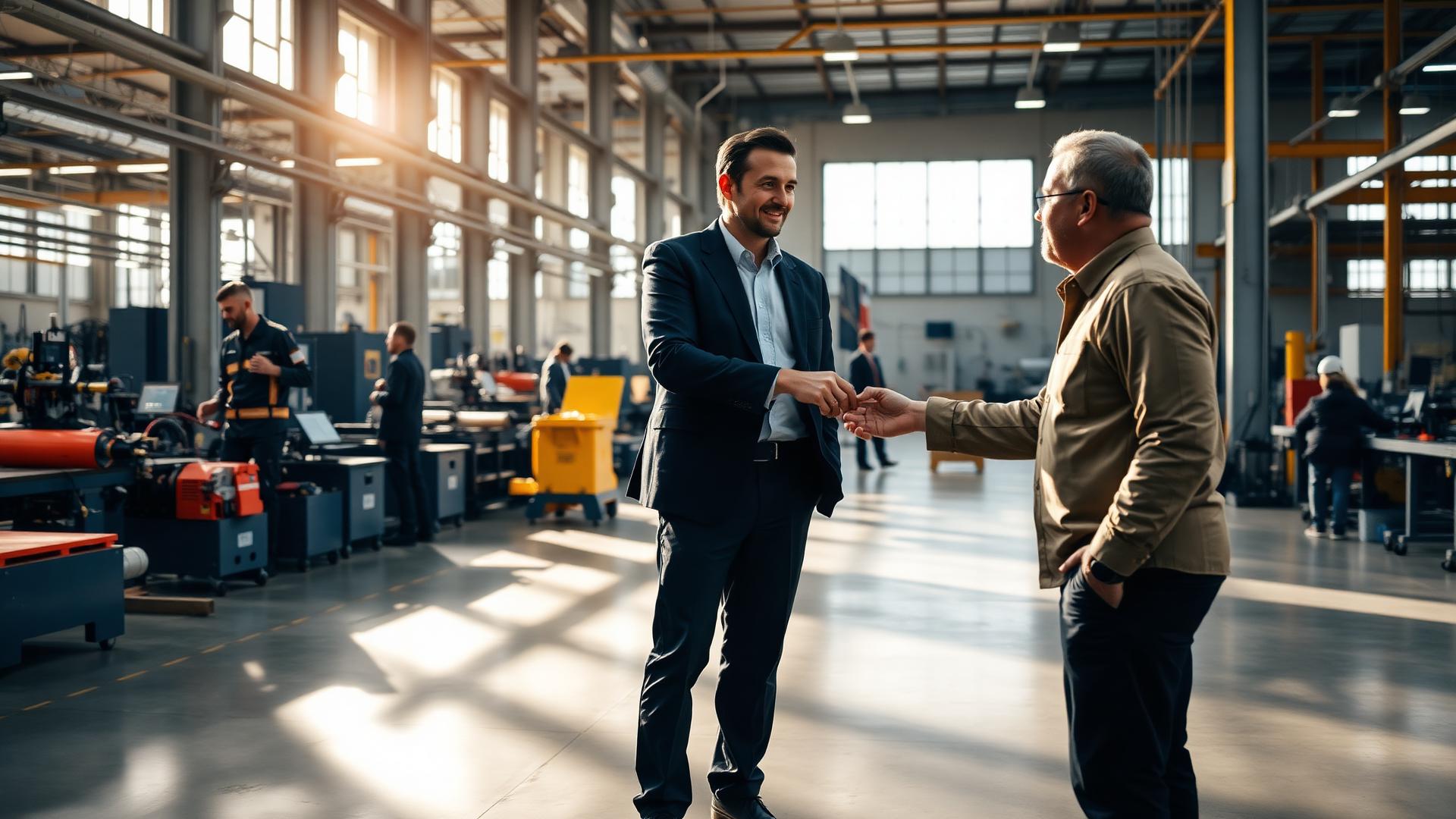 Buyer shaking hands with factory owner on a manufacturing floor